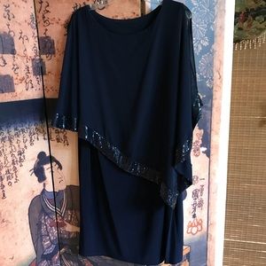Navy knit dress with sheer sequined cape
